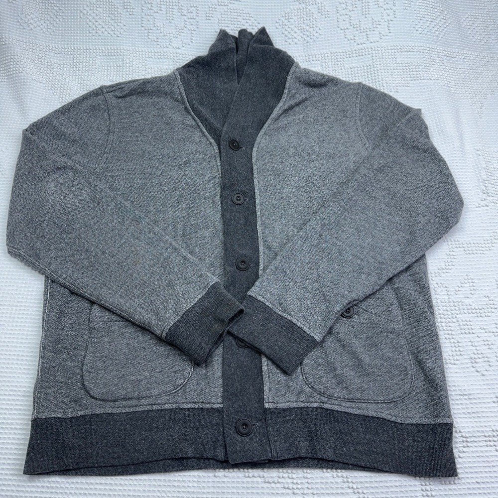 Lucky Brand Mens Grey Label Cotton Shawl Collar Cardigan Sweater Large Two-Tone